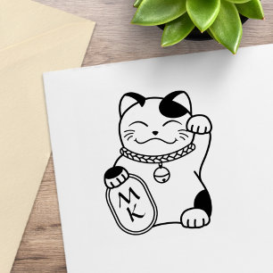 Japanese Good Luck Cat, Maneki Neko - Monogram Rubber Stamp