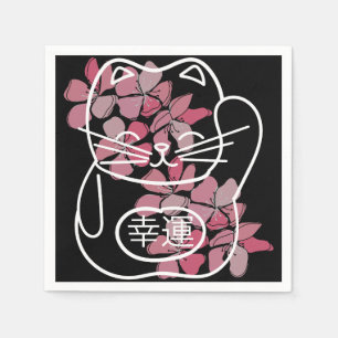 Japanese Good Luck Cat with pink Sakura Flowers Napkin