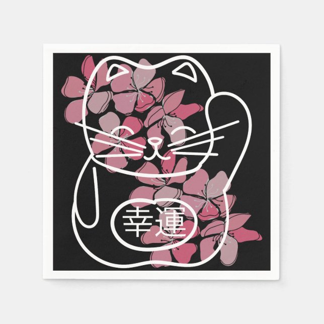 Japanese Good Luck Cat with pink Sakura Flowers Napkin (Front)