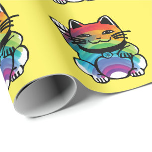 Japanese Good Luck Cat with Rainbow Wrapping Paper
