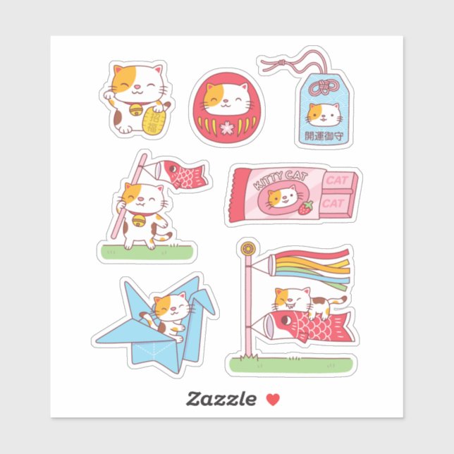 Japanese Good Luck Charms Neko Cat Sticker Pack (Sheet)