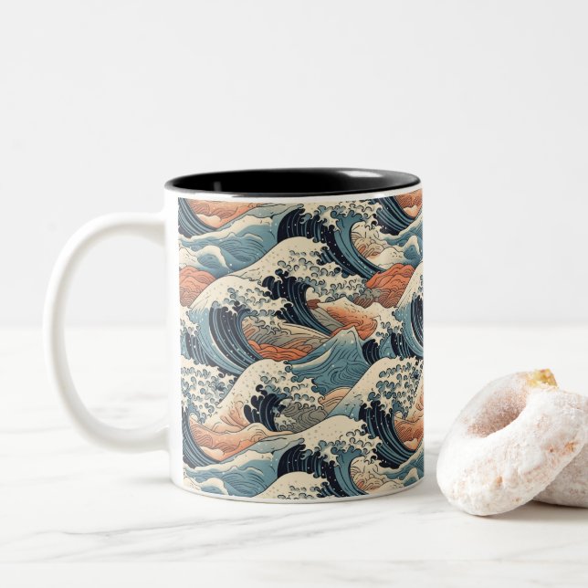 Japanese Great Wave Pattern  Two-Tone Coffee Mug (With Donut)