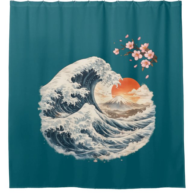 Japanese Great Wave Teal Shower Curtain (Front)