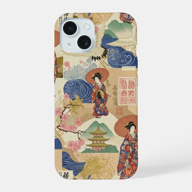 Japanese Green Anime Moodboard Art cartoon gift iPhone 15 Case (Back)