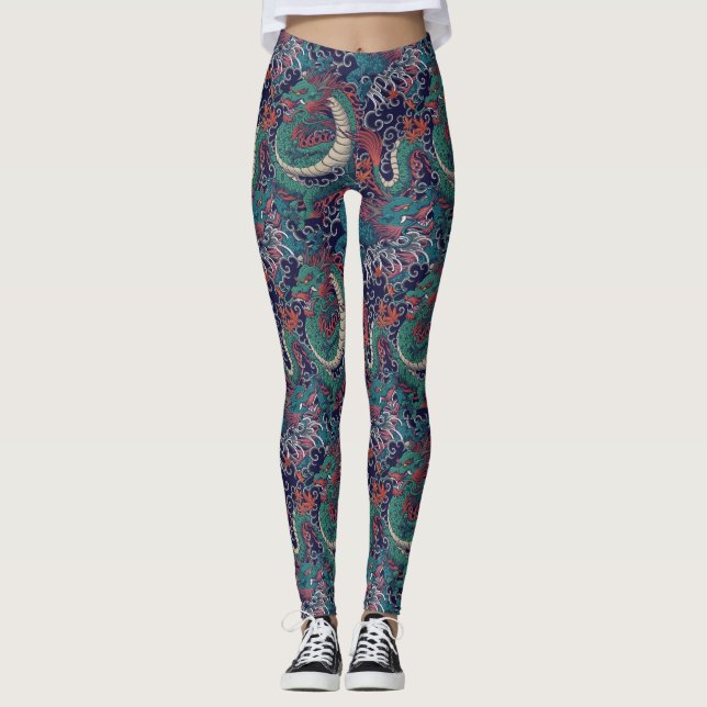 Japanese Green Red Dragon Pattern Leggings (Front)