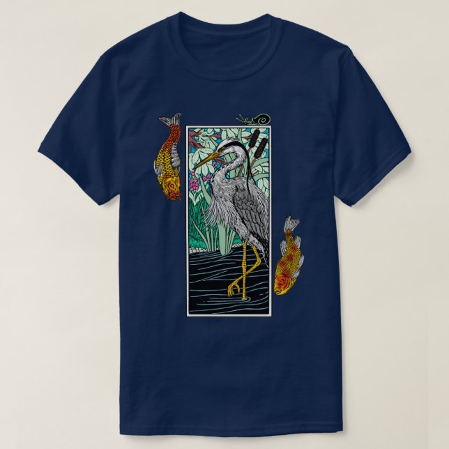 Japanese Grey Heron Aosagi Nishikigoi Koi p Fish T-Shirt (Design Front)