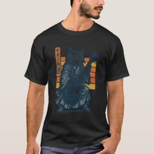 Japanese Guitar Cat Samurai Retro Electric Guitar T-Shirt