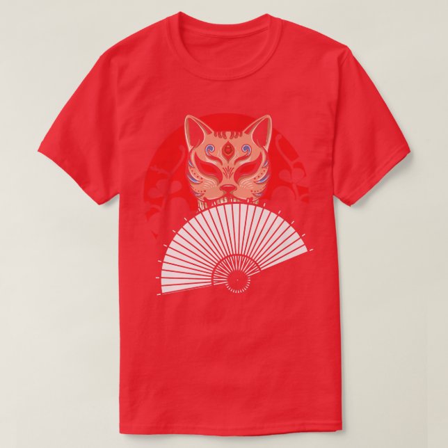 Japanese Hand Fan Cat Geisha Samurai Ninja Shinobi T-Shirt (Design Front)