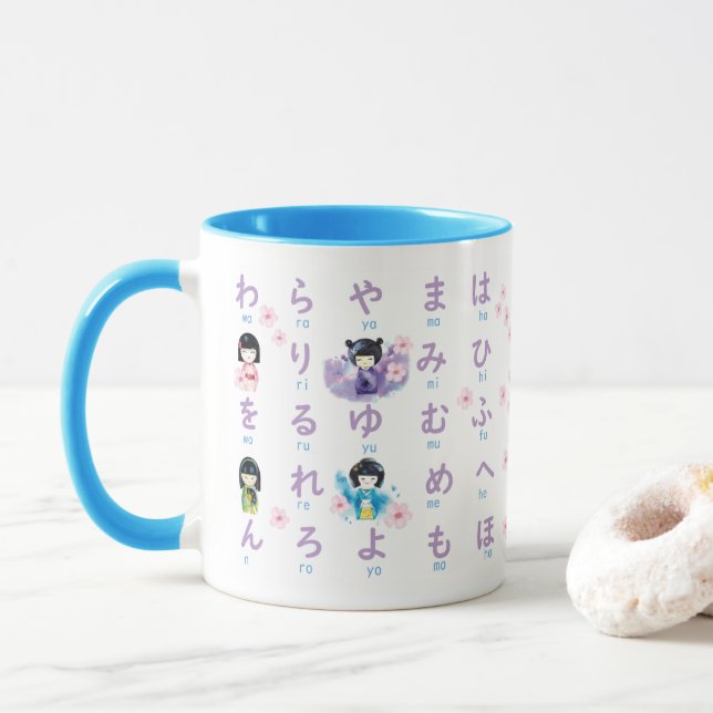 Japanese Hiragana Kokeshi Doll and Sakura Mug (With Donut)