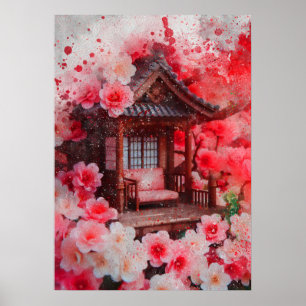 Japanese home cherry blossom watercolor painting poster