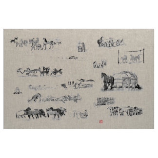 Japanese horse samurai art equestrian sumi fabric