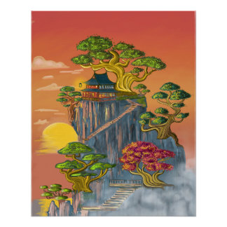 Japanese house and bonsai on the rocks. poster
