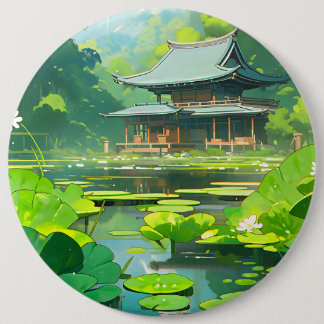 Japanese House and Lake with Green Lily Pads 6 Cm Round Badge
