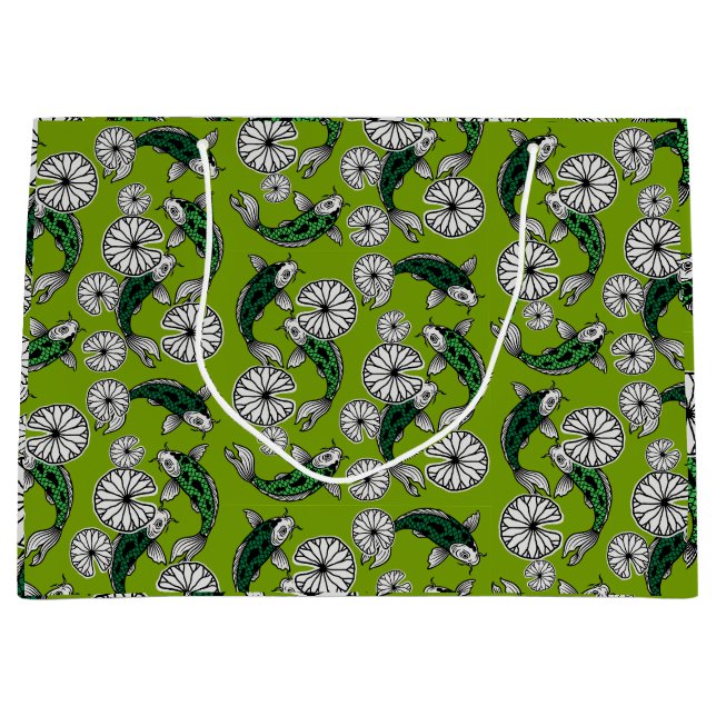 Japanese Indigo Green Carp Folk Pattern Large Gift Bag (Front)