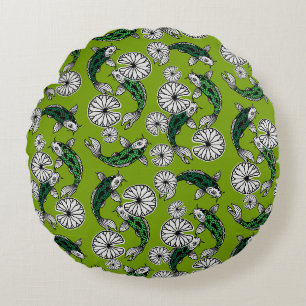 Japanese Indigo Green Carp Folk Pattern Round Cushion