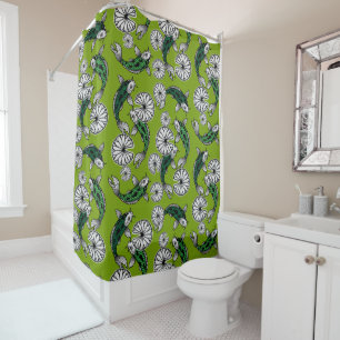 Japanese Indigo Green Carp Folk Pattern Shower Curtain