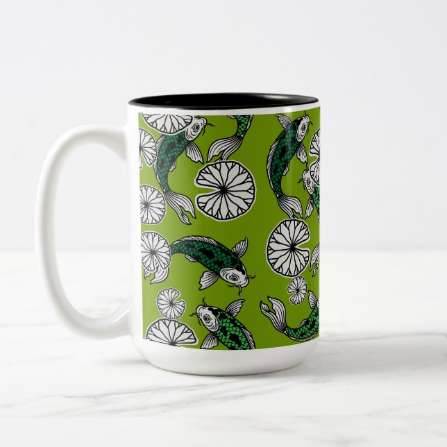 Japanese Indigo Green Carp Folk Pattern Two-Tone Coffee Mug (Left)