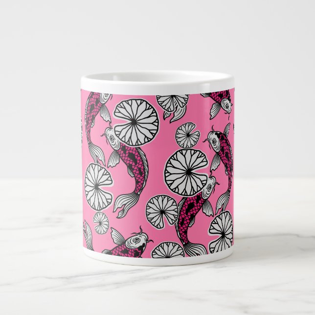 Japanese Indigo Pink Carp Folk Pattern Large Coffee Mug (Front)