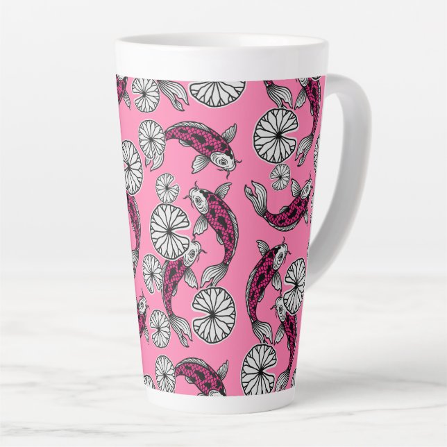 Japanese Indigo Pink Carp Folk Pattern Latte Mug (Right Angle)