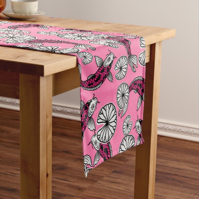 Japanese Indigo Pink Carp Folk Pattern Short Table Runner (In Situ)