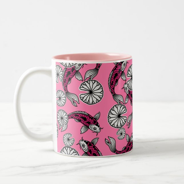 Japanese Indigo Pink Carp Folk Pattern Two-Tone Coffee Mug (Left)