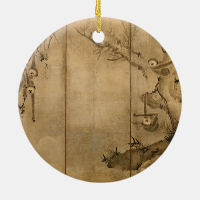 Japanese Ink on paper Gibbons Primates & Landscape Ceramic Tree Decoration (Back)