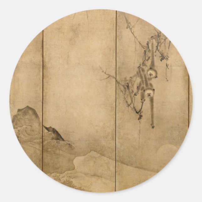 Japanese Ink on paper Gibbons Primates & Landscape Classic Round Sticker (Front)
