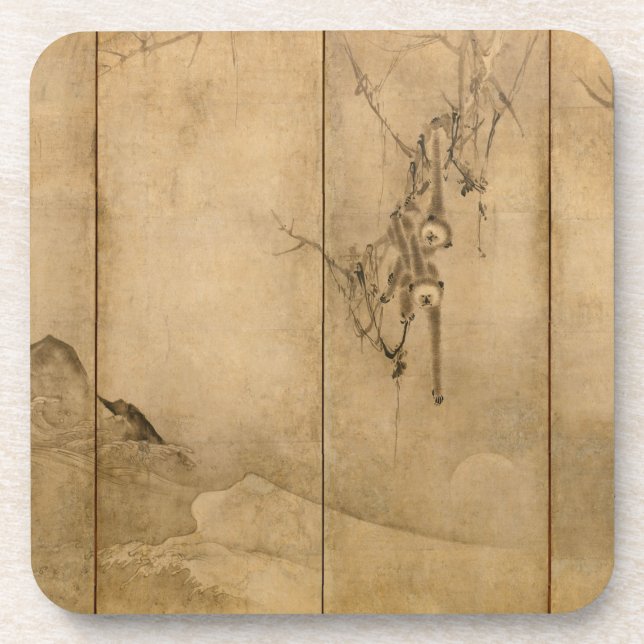 Japanese Ink on paper Gibbons Primates & Landscape Coaster (Front)