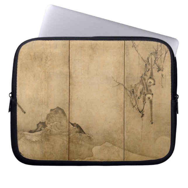 Japanese Ink on paper Gibbons Primates & Landscape Laptop Sleeve (Front)