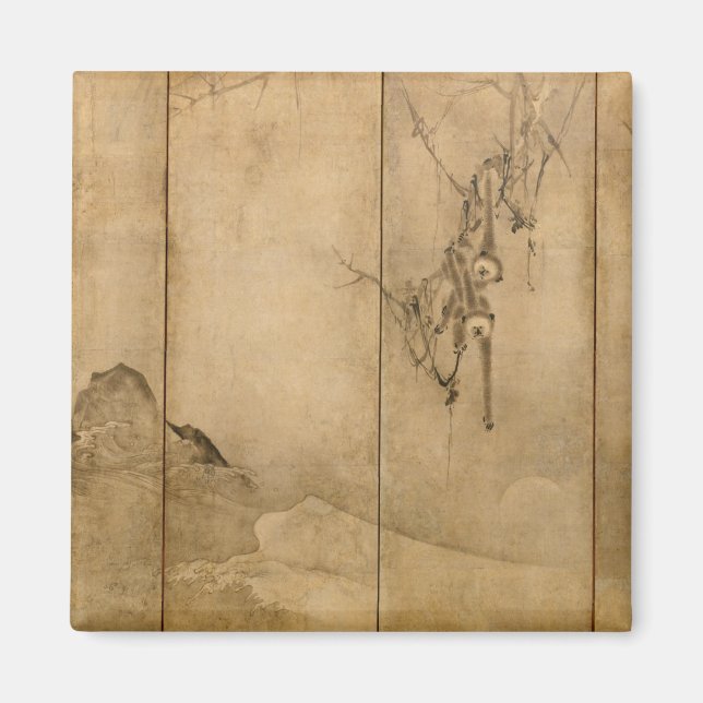 Japanese Ink on paper Gibbons Primates & Landscape Magnet (Front)