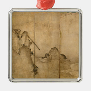 Japanese Ink on paper Gibbons Primates & Landscape Metal Tree Decoration