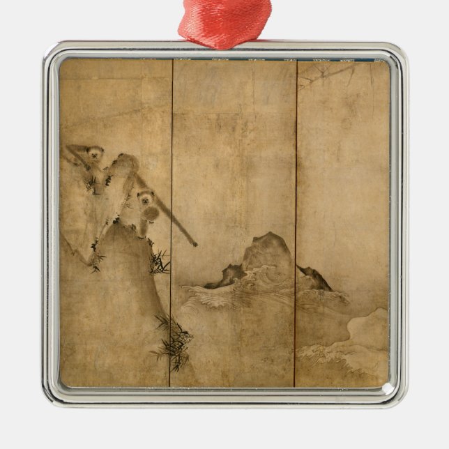 Japanese Ink on paper Gibbons Primates & Landscape Metal Tree Decoration (Front)