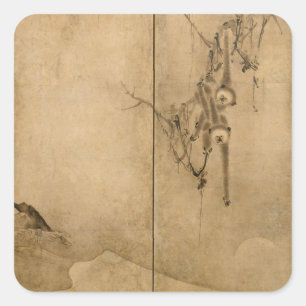 Japanese Ink on paper Gibbons Primates & Landscape Square Sticker