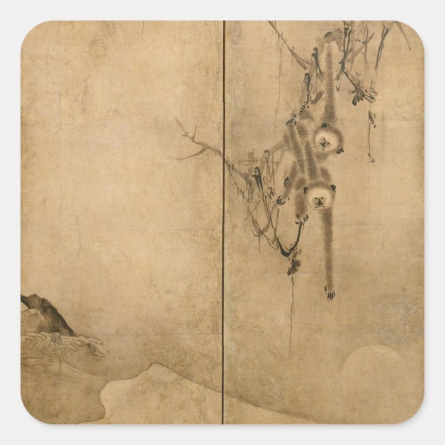 Japanese Ink on paper Gibbons Primates & Landscape Square Sticker (Front)