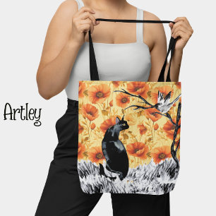 Japanese Ink Painted Cat Bird Orange Poppy  Tote Bag