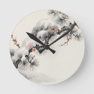 Japanese Ink Pine Plum Blossom Winter Round Clock