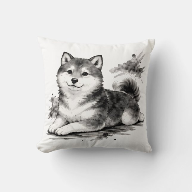 【Japanese Ink Puppy Throw Pillow】 Cushion (Front)