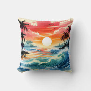 Japanese Ink Style Art Ocean Waves Sunset Palms Cushion