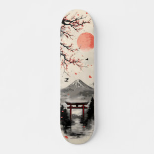 Japanese Ink Wash Art with Mount Fuji Skateboard