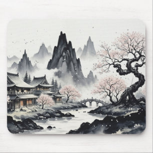 Japanese Ink Wash Landscape Mouse Pad - Zen Sakura