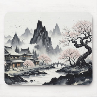 Japanese Ink Wash Landscape Mouse Pad - Zen Sakura