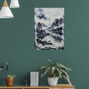 Japanese Ink Wash Mountain Landscape Sumi-e Fine A Poster