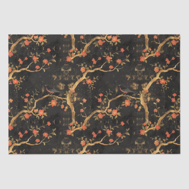 Japanese-inspired Golden Branches & Flowers Tissue Paper (Front)