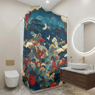 Japanese Inspired Luxury Bathroom Floral Art Shower Curtain