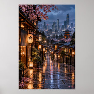 Japanese Inspired Old Town Night Skyline Wall Art