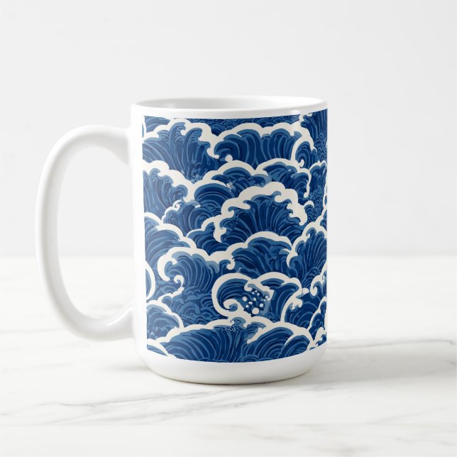 Japanese-Inspired Seamless Ocean Wave Pattern Coffee Mug (Left)