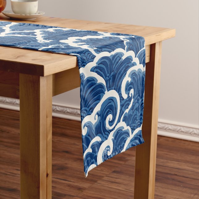 Japanese-Inspired Seamless Ocean Wave Pattern Short Table Runner (In Situ)