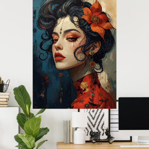 Japanese Inspired Woman Portrait Art Poster   Bold