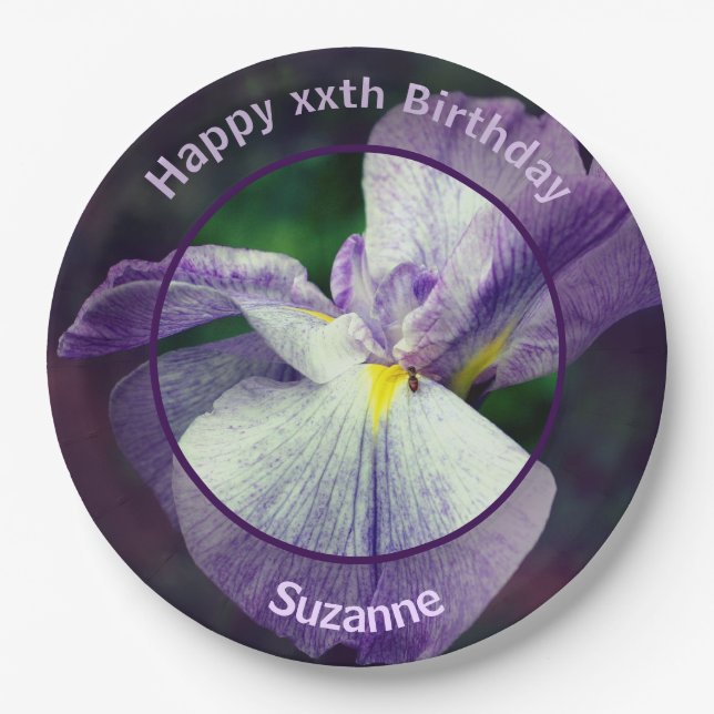 Japanese Iris Flower Personalised Birthday Party Paper Plate (Front)