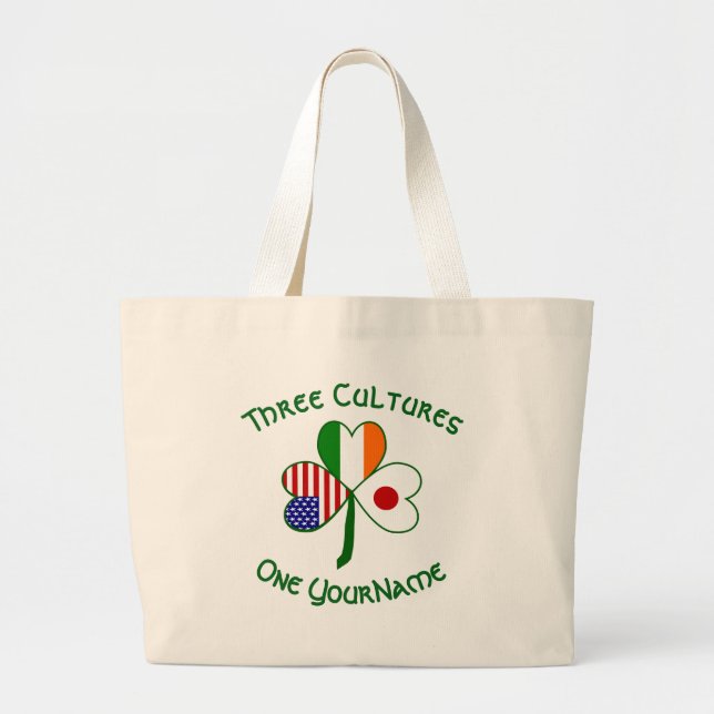 Japanese Irish American Flags Shamrock Your Name Large Tote Bag (Front)